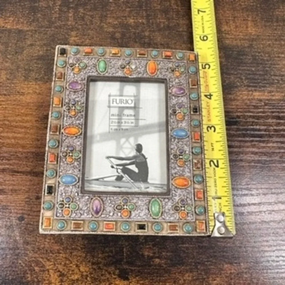 NEW Furio Mini Picture Frame Jeweled Boho Silver Tone Metal ‎ Colorful Stones